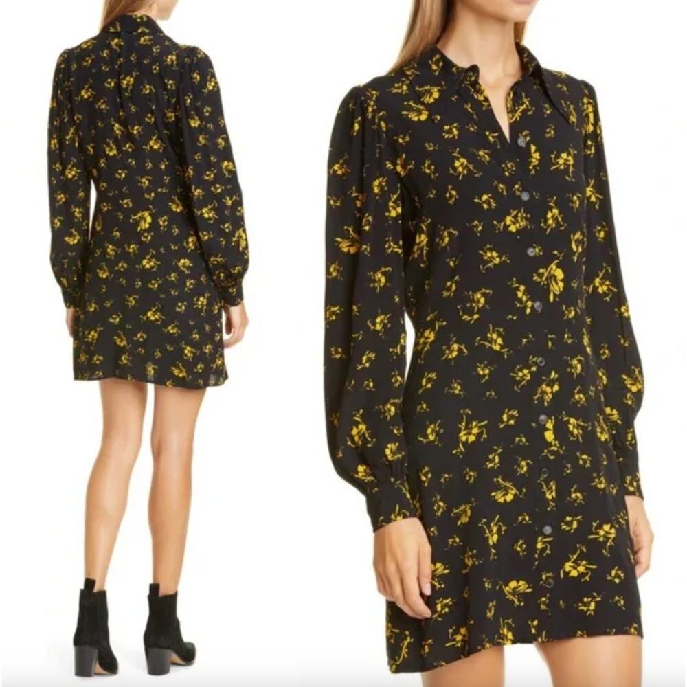 Ganni | Floral Print Crepe Shirtdress | Black Yellow | EU Sz 36 / US 8
